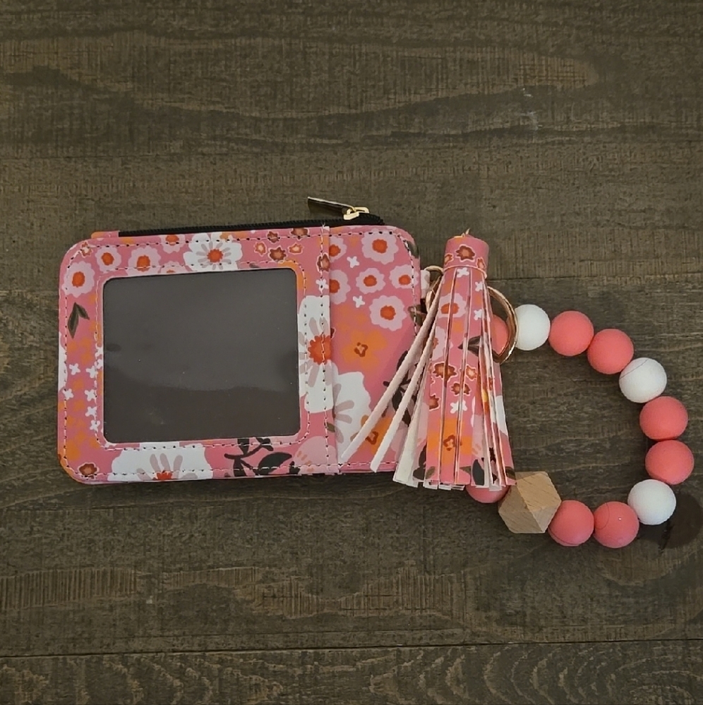 Floral Pink Kids Wallet with Tassel and Bead Bracelet